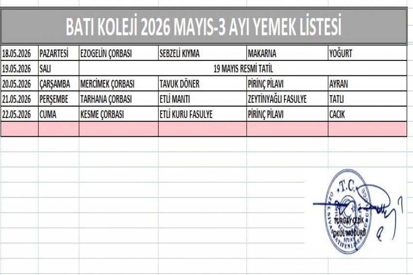 MAYIS AYI (2026) YEMEK LİSTESİ-III